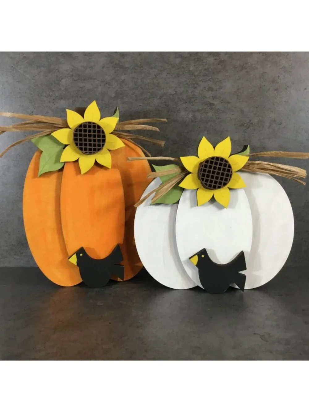 Hand-Painted Wood Pumpkin Set of 2 – Sunflowers, Black Bird, Fall Decor